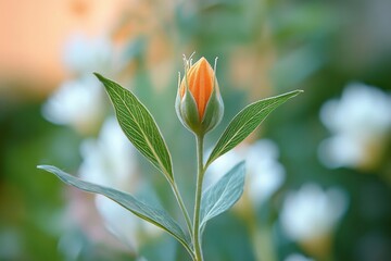 Delicate orange flower bud with veined green leaves against a soft bokeh background, calm hopeful mood