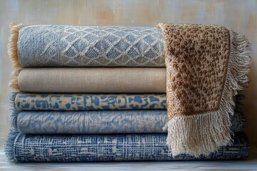 stack of rolled and folded patterned blue and beige woven blankets and throws with a fringed golden throw draped on top, textured cozy and inviting home scene