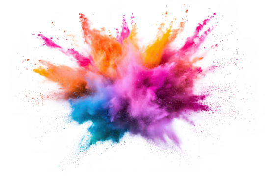 A explosion of colorful powder bursts against a white background. a dynamic mix of pink. orange. yellow. and blue hues. symbolizing creativity and celebration