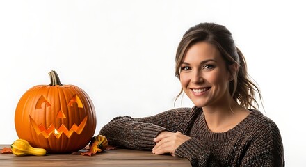 Smiling woman with a carved halloween pumpkin on a wooden table against a white studio background