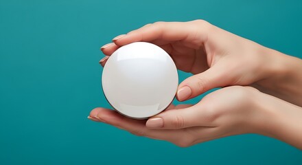 Woman's hands gently holding a white cosmetic jar against a vibrant turquoise background in a studio shot
