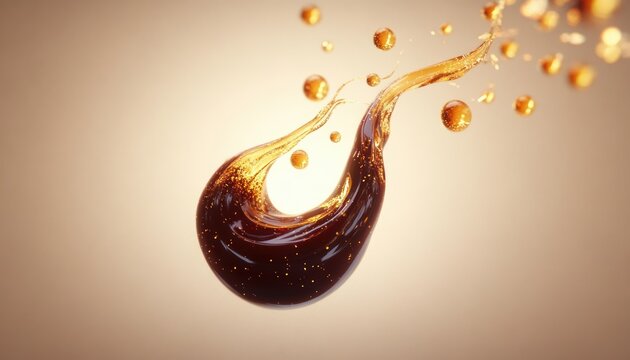 dark amber teardrop of liquid with golden flecks and trailing droplets suspended over a soft warm gradient, elegant and luxurious flowing motion - Powered by Adobe