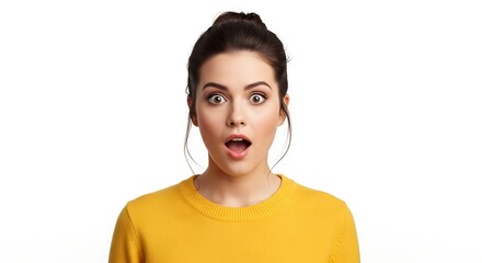 Young woman with surprised expression wearing a yellow sweater against a plain white background