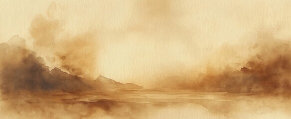 misty sepia watercolor landscape of distant hills and calm reflective water with soft clouds and warm textured sky, tranquil melancholic atmosphere