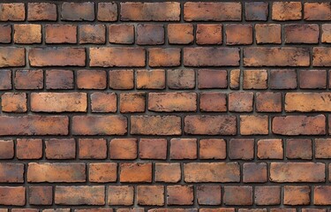 Fototapeta premium weathered red and brown brick wall with aged mortar, rustic rough texture and timeworn appearance conveying a nostalgic, sturdy character