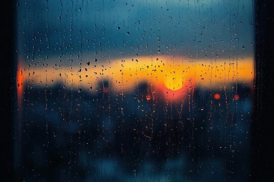 Raindrops on a window overlooking a blurred city skyline with a warm orange sunset, moody and contemplative evening atmosphere - Powered by Adobe