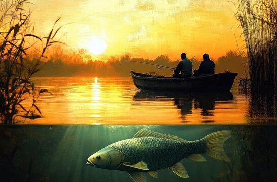 two people fishing from a small boat at sunset on a golden calm lake with reeds and a large carp visible underwater, serene and contemplative mood