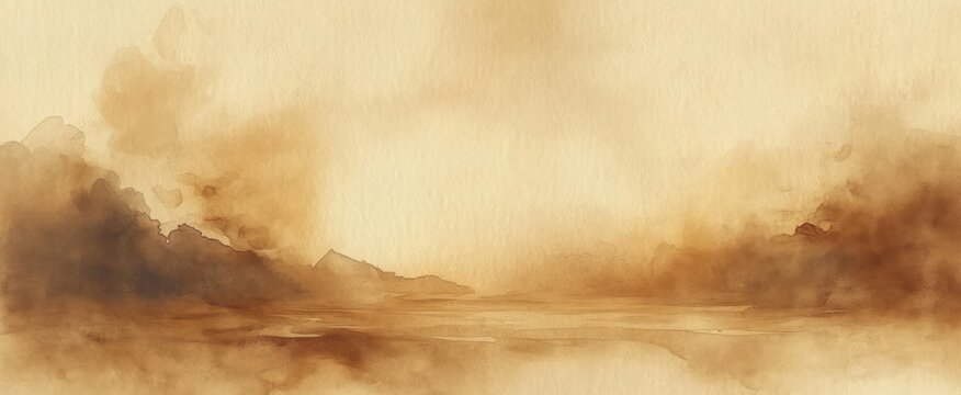 misty sepia watercolor landscape of distant hills and calm reflective water with soft clouds and warm textured sky, tranquil melancholic atmosphere