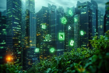 Futuristic eco city skyline with glass skyscrapers, glowing green digital icons floating over buildings and lush foreground foliage, conveying hopeful sustainable innovation