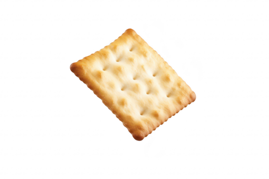 A floating cracker captured in mid-air against a clean white background. its texture and color. perfect for food-related content or snack advertisements
