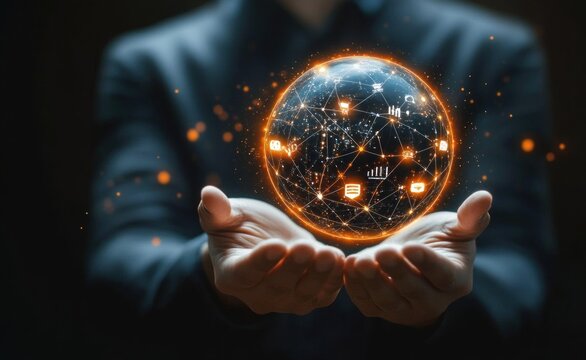 cupped hands holding a glowing digital globe of connected nodes and technology icons above a dark suited figure, evoking innovation and empowered control