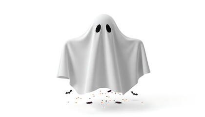 A white ghost with black eyes floating above candy and bats on a white background for halloween season