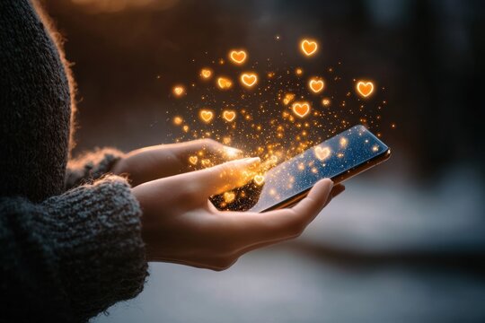 hands holding a smartphone with glowing golden heart icons and sparkling particles rising from the touchscreen, cozy sweater and warm evening bokeh evoking wonder and affectionate connection - Powered by Adobe