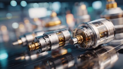 Close-up of advanced industrial machinery in high-tech lab with metallic cylindrical components, intricate golden circuitry, sleek polished surfaces, soft cinematic lighting, futuristic precision