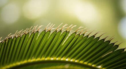 Close up view highlights the serrated edge detail on a vibrant green tropical foliage segment against bright bokeh