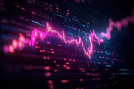 glowing neon financial chart with pulsing pink line, digital data points and futuristic grid conveying volatility and dynamic energy