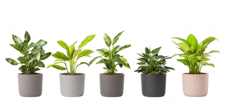 A display of five potted indoor plants in varying shades of green. arranged in a row against a clean white background. their unique leaf patterns and textures. ideal for home decor or gardening enthus