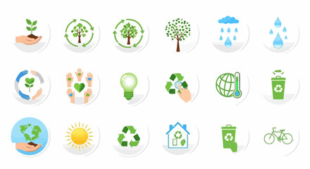 Embrace eco-friendly living with this collection of vibrant sustainability icons representing recycling, green energy, and environmental awareness for a brighter future