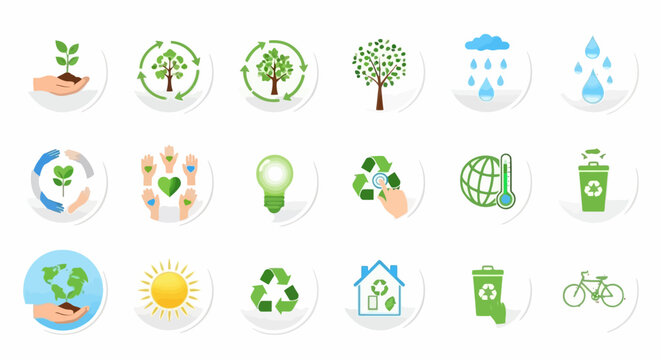 Embrace eco-friendly living with this collection of vibrant sustainability icons representing recycling, green energy, and environmental awareness for a brighter future