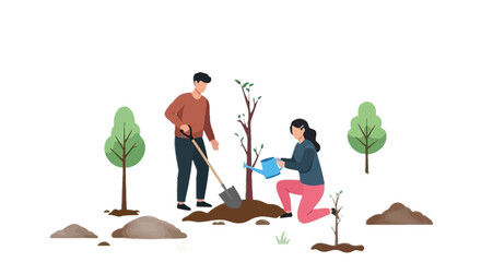 Couple planting trees together, nurturing new growth and a sustainable future, perfect for eco-friendly campaigns and environmental awareness initiatives