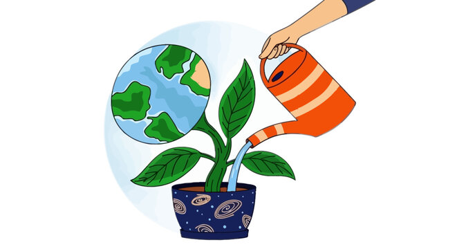 Nurturing our planet by watering a plant growing near earth for a sustainable future and environmental awareness in our communities with care and responsibility