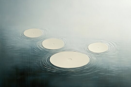 four pale circular discs floating on calm water with gentle concentric ripples, serene minimalist and contemplative mood