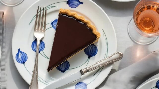 Elegant table setting with a slice of rich chocolate tart on a decorative plate. Gourmet dessert served with a glass of ros&eacute; wine for a special occasion or celebration