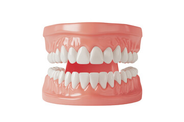 Obraz premium A realistic 3D rendering of an open human mouth a full set of teeth. with a soft pink gum line. placed against a plain white background. ideal for dental education or health-related content