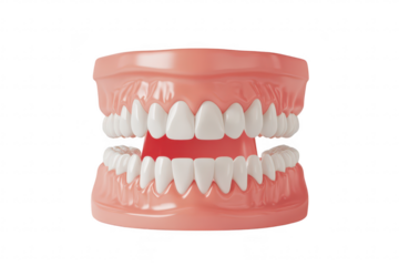 A realistic 3D rendering of an open human mouth a full set of teeth. with a soft pink gum line. placed against a plain white background. ideal for dental education or health-related content