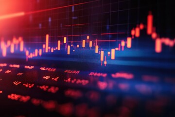 glowing red and blue candlestick chart on a digital trading screen with fluctuating bars and blurred numerical tickers conveying volatility and intense market momentum