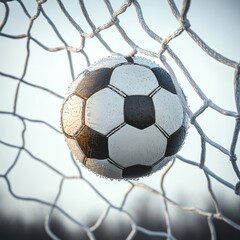 Naklejka premium Classic black and white soccer ball wedged in goal net with water droplets, close-up capturing triumphant scoring moment