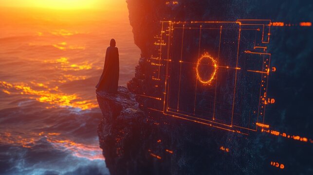 solitary cloaked figure on a rocky cliff at sunset facing a glowing orange holographic interface above the ocean, contemplative and mysterious atmosphere
