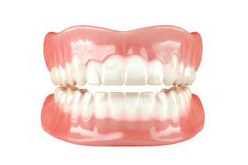 A detailed rendering of a human dental model a complete set of upper and lower teeth with realistic gum tissue. ideal for educational purposes in dentistry and orthodontics