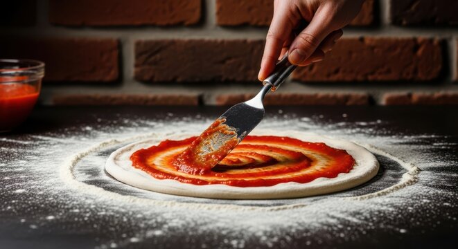 Hand spreading tomato sauce on pizza dough with flour dust - Powered by Adobe