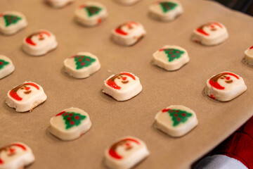 assorted decorated sugar cookies featuring holiday themes on parchmentlined tray in cozy kitchen