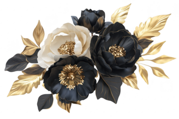 A stunning arrangement of black and white peonies with golden leaves. artistically designed for home decor. elegance and sophistication against a clean white background
