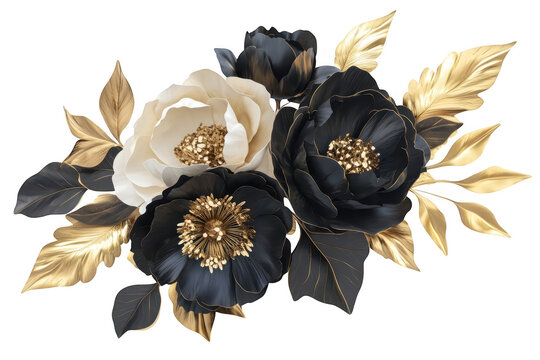 A stunning arrangement of black and white peonies with golden leaves. artistically designed for home decor. elegance and sophistication against a clean white background