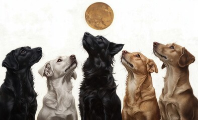 five attentive dogs of different coat colors gazing reverently at a golden moon on a pale background