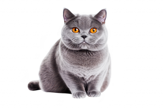 A fluffy gray cat with striking orange eyes sits elegantly against a white background. its unique features and captivating gaze. perfect for pet-related content