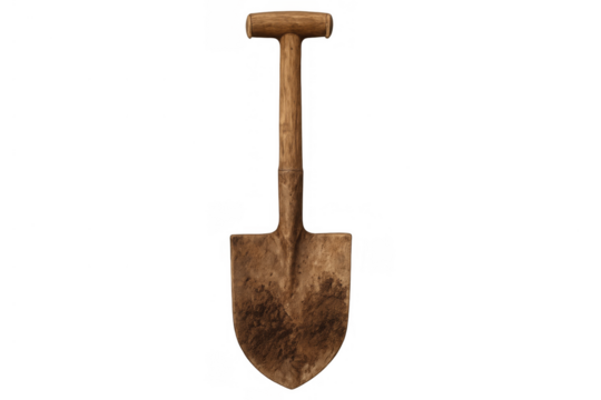 Dirty garden spade with wooden handle, ready for digging or cultivating soil, isolated on a transparent background
