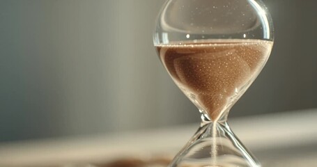 A close-up, side-view of an hourglass with sand flowing, symbolizing the passage of time and urgency