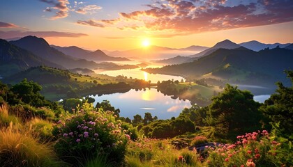 A breathtaking landscape depicts a serene lake nestled between lush hills, bathed in the warm glow of a sunrise