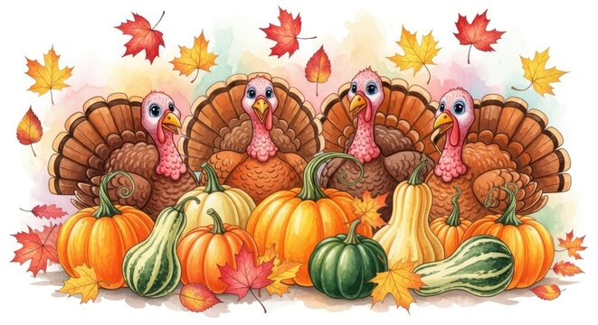 Three turkeys with colorful feathers and pumpkins in a colorful autumn setting with falling leaves. - Powered by Adobe