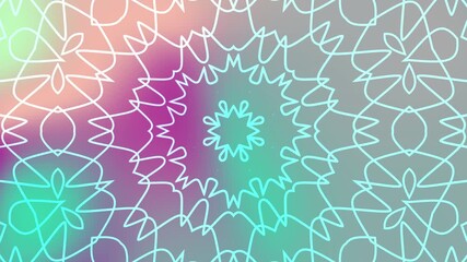 A vibrant abstract kaleidoscope pattern with intricate white line art on a soft pastel gradient background. - Powered by Adobe