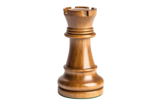 A beautifully crafted wooden chess rook stands prominently against a white background. its smooth finish and intricate details. ideal for game enthusiasts and collectors