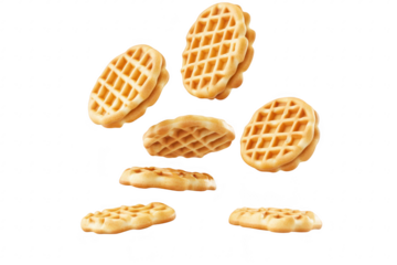 A dynamic display of floating waffles in mid-air. their golden-brown texture and unique grid pattern against a clean white background. ideal for culinary or food-related projects