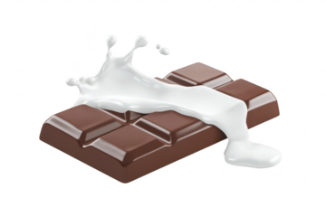 A delicious piece of chocolate bar with creamy milk splashing over it. set against a clean white background. perfect for food advertisements or culinary blogs