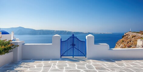 sunlit whitewashed terrace with blue gate overlooking calm azure sea and distant cliffs, serene and peaceful island view