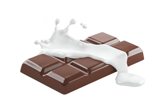 A delicious piece of chocolate bar with creamy milk splashing over it. set against a clean white background. perfect for food advertisements or culinary blogs