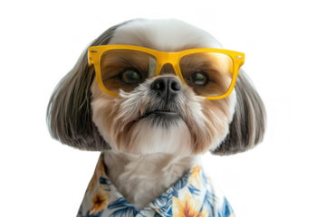 A stylish dog wearing bright yellow sunglasses and a floral shirt poses confidently against a white background. a fun and playful personality perfect for pet-themed marketing